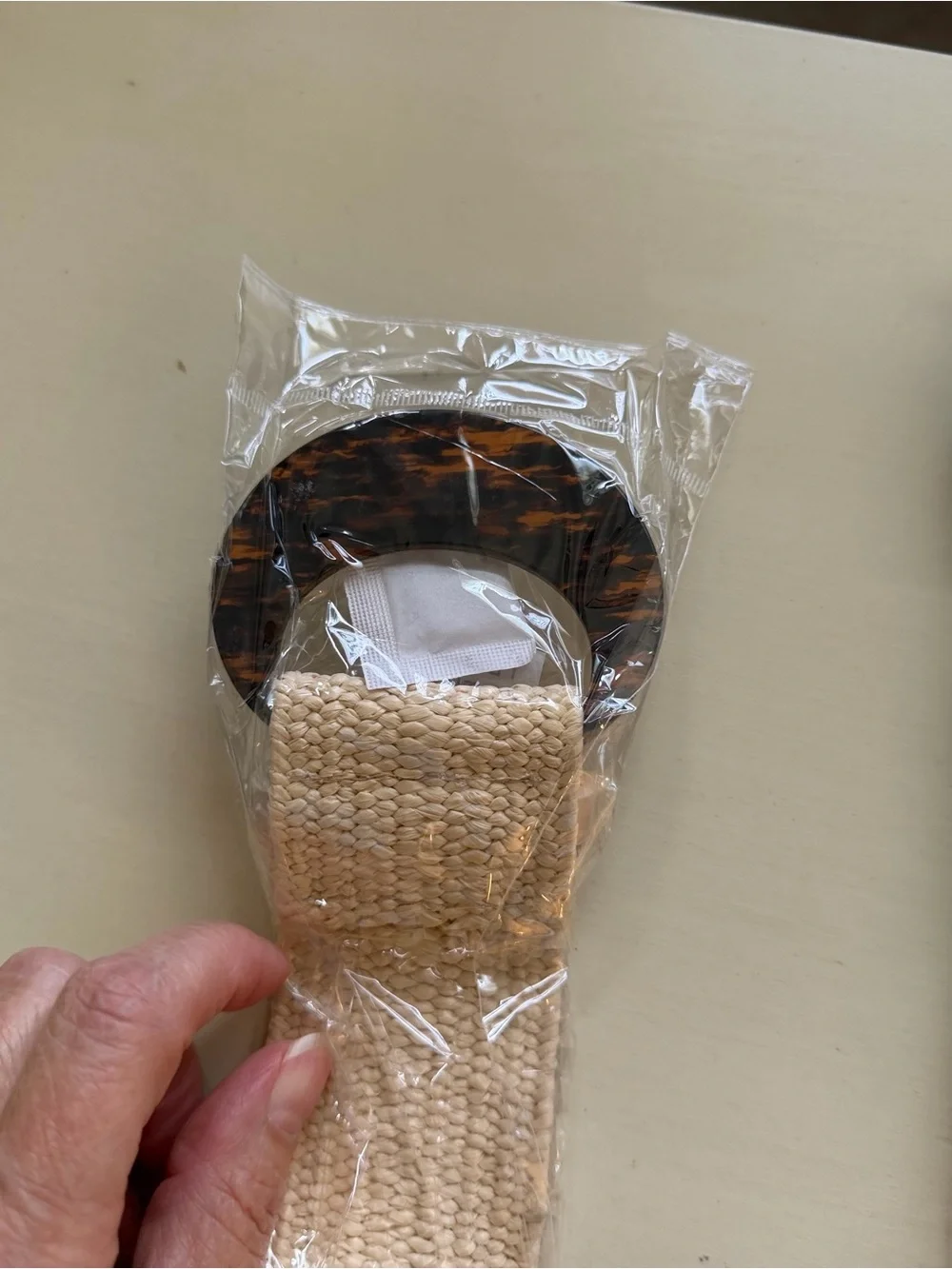 Woven Straw Belt with Tortoiseshell Buckle - Cream